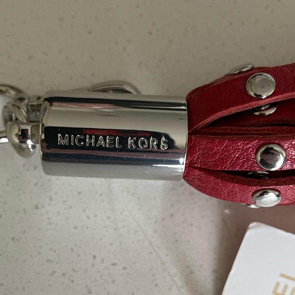 NWT Michael Kors Studded Tassel Key Chain Fob Bag Charm Silver/Red Leather - Picture 2 of 7